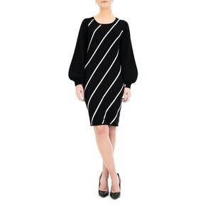 NINA LEONARD | Black White Balloon Sleeve Scoop Neck Striped Sweater Dress | XL